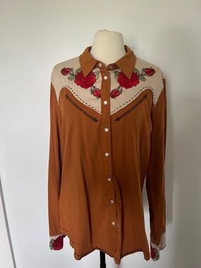 Rust Embroidered Rose Western Button-Down Shirt